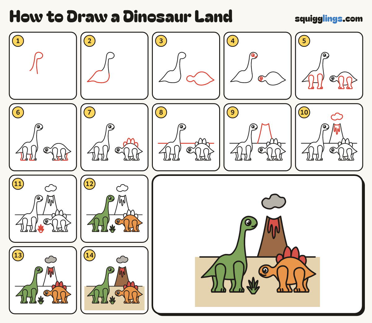 How to Draw a Dinosaur Land step by step: all 14 steps in one picture