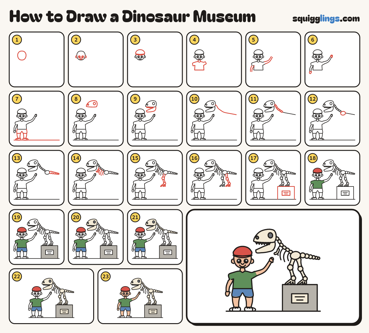 How to Draw a Dinosaur Museum step by step: all 23 steps in one picture
