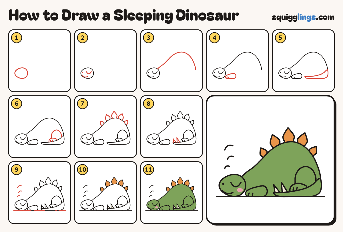 How to Draw a Sleeping Dinosaur step by step: all 11 steps in one picture