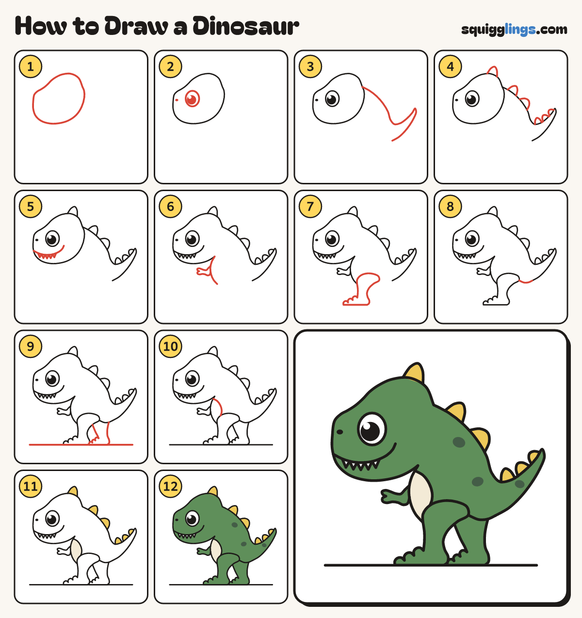How to Draw a Dinosaur step by step: all 12 steps in one picture