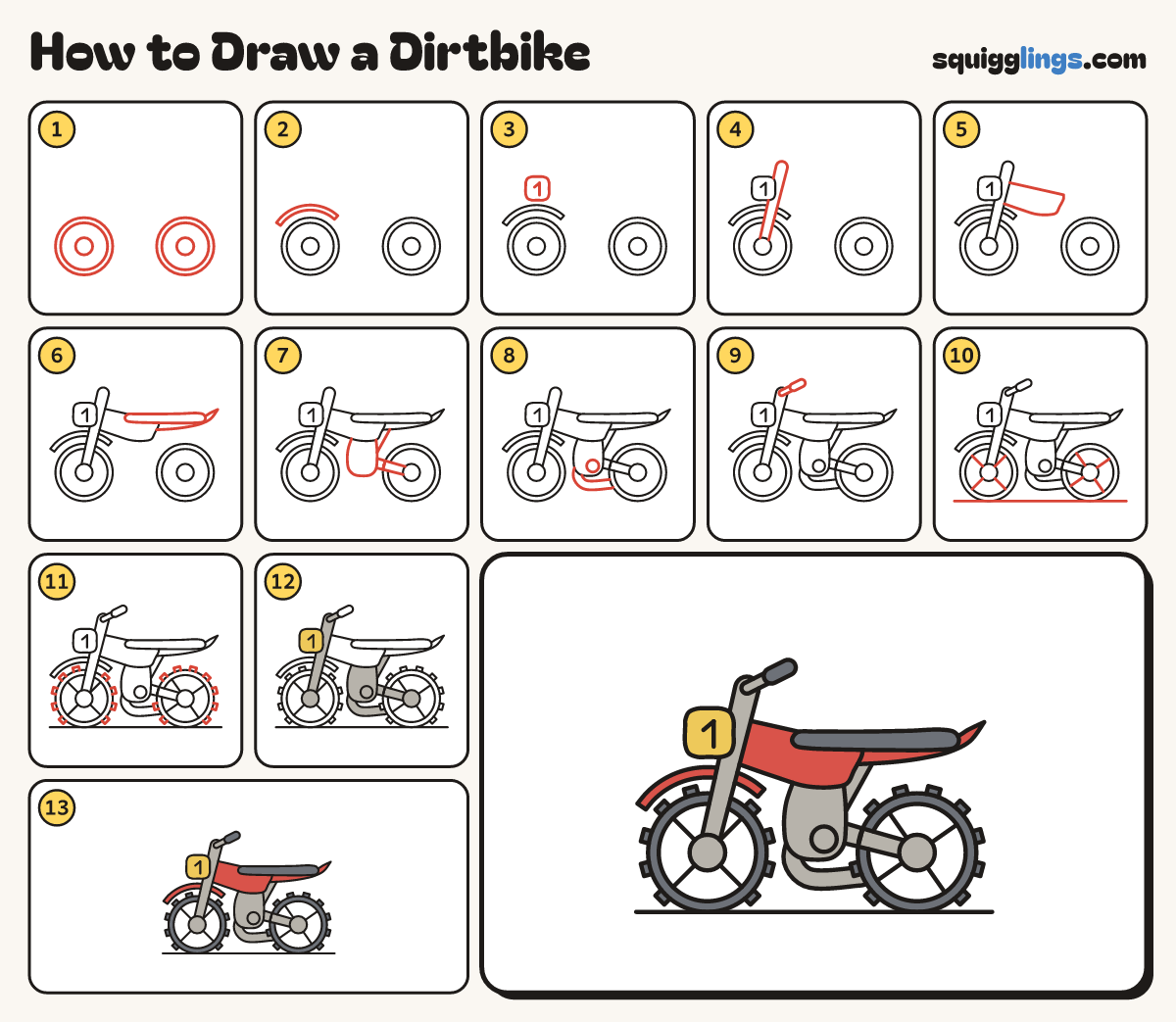 How to Draw a Dirtbike step by step: all 13 steps in one picture