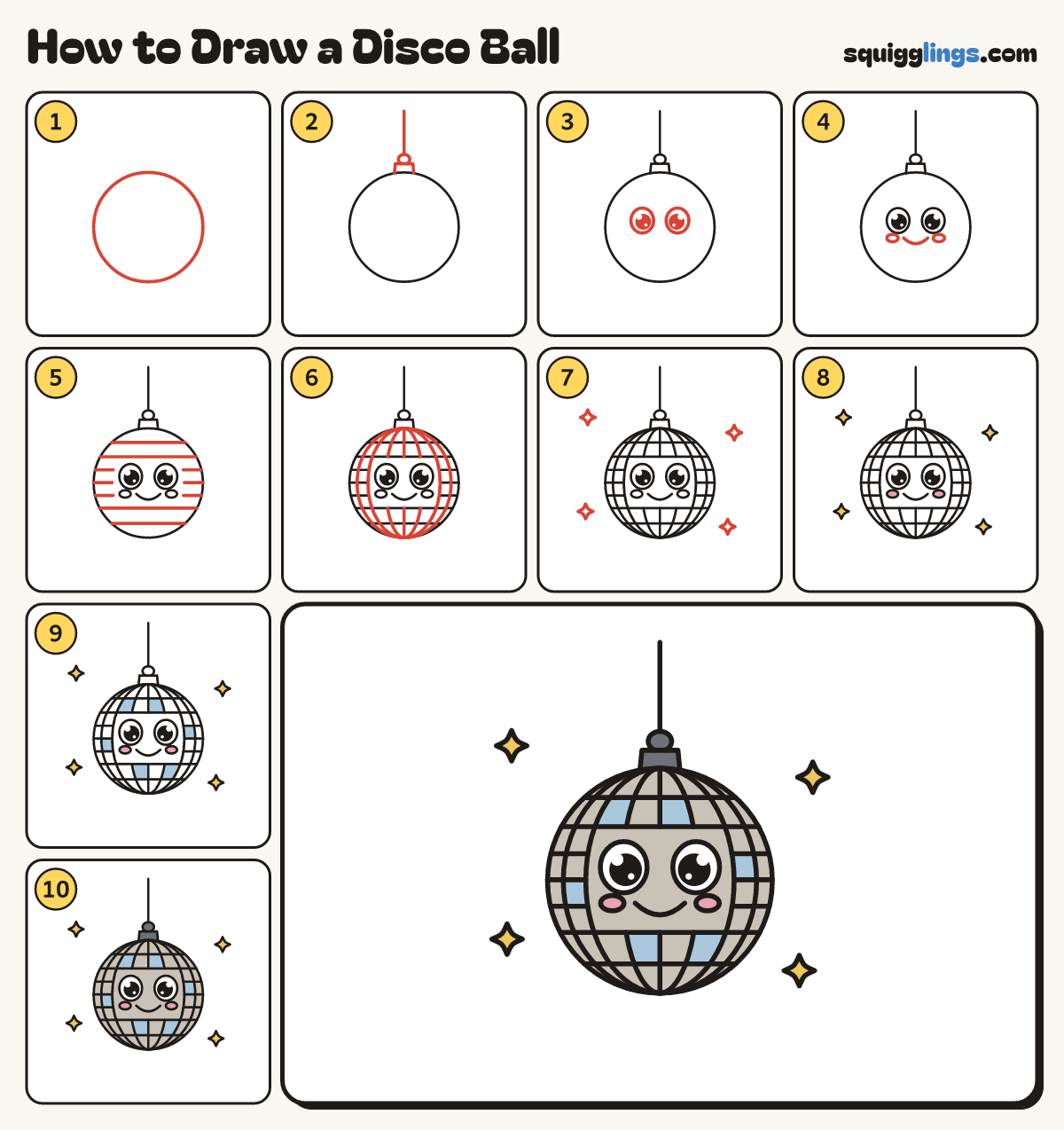 How to Draw a Disco Ball step by step: all 10 steps in one picture
