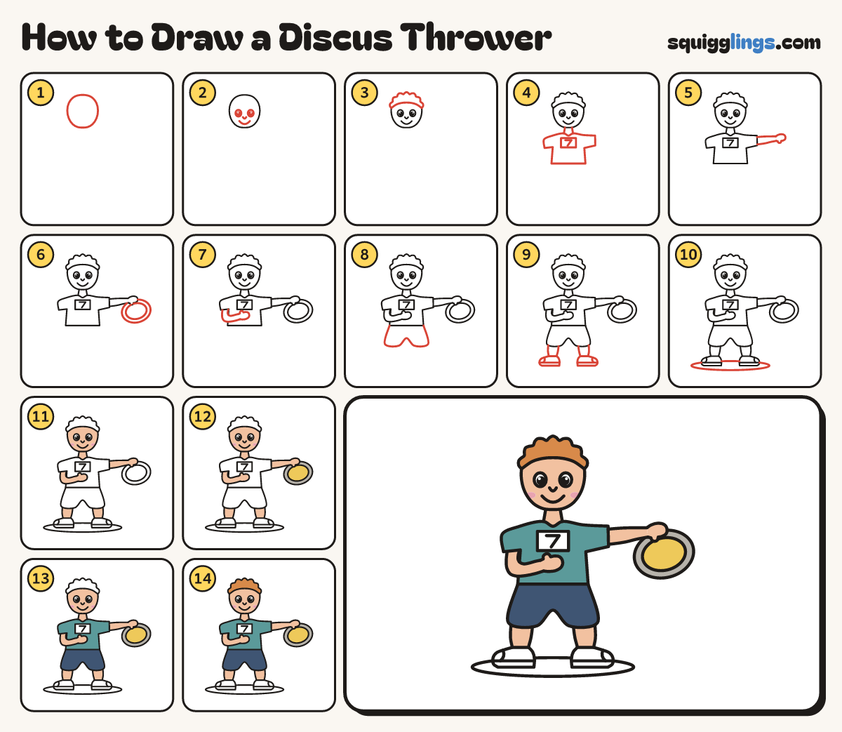 How to Draw a Discus Thrower step by step: all 14 steps in one picture