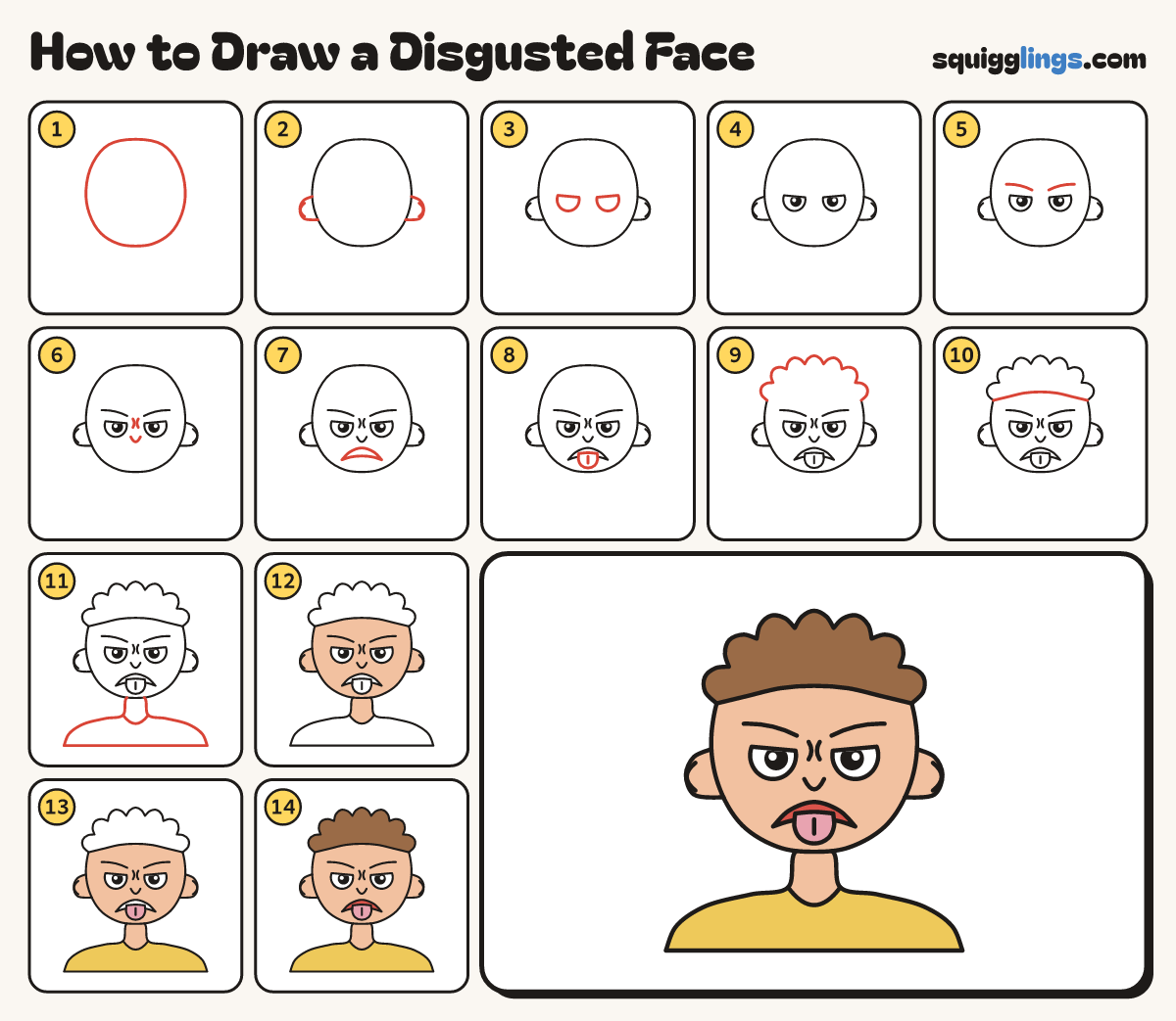 How to Draw a Disgusted Face step by step: all 14 steps in one picture