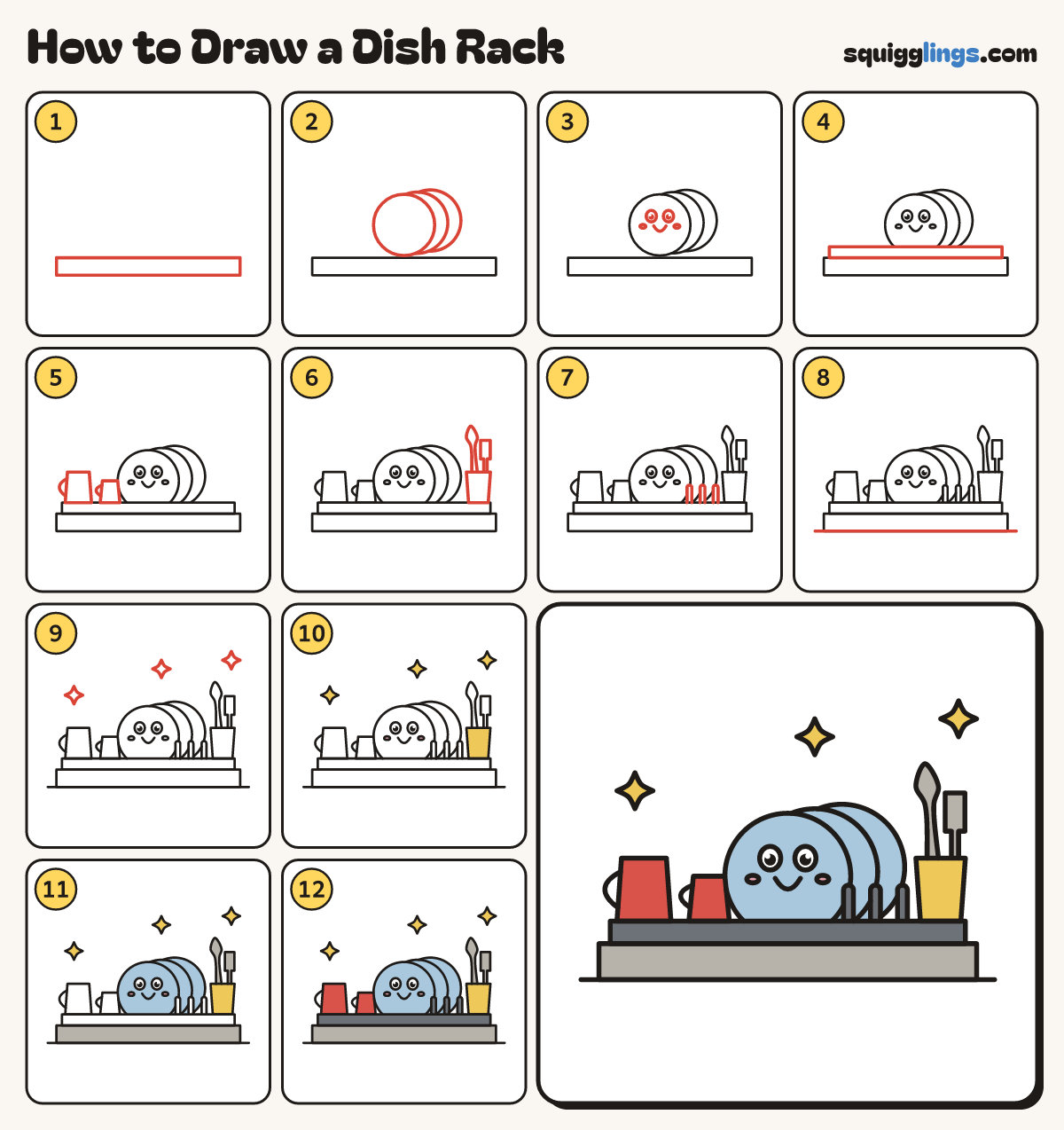 How to Draw a Dish Rack step by step: all 12 steps in one picture