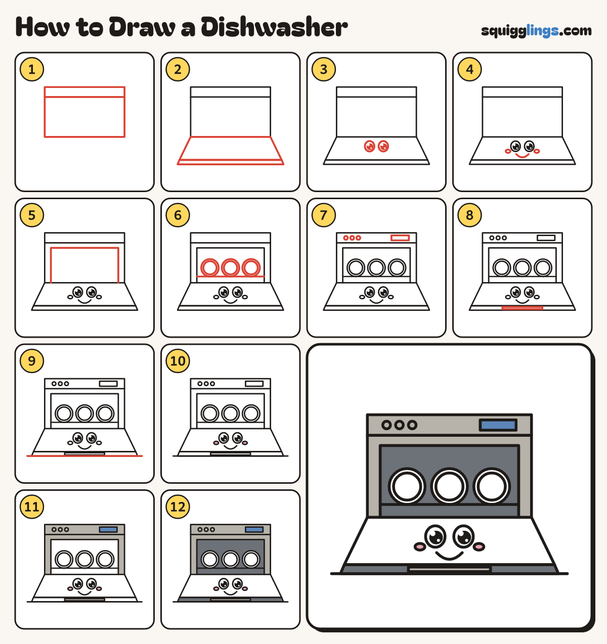 How to Draw a Dishwasher step by step: all 12 steps in one picture