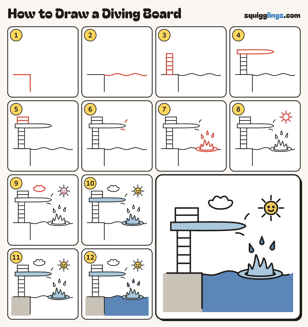 How to Draw a Diving Board step by step: all 12 steps in one picture