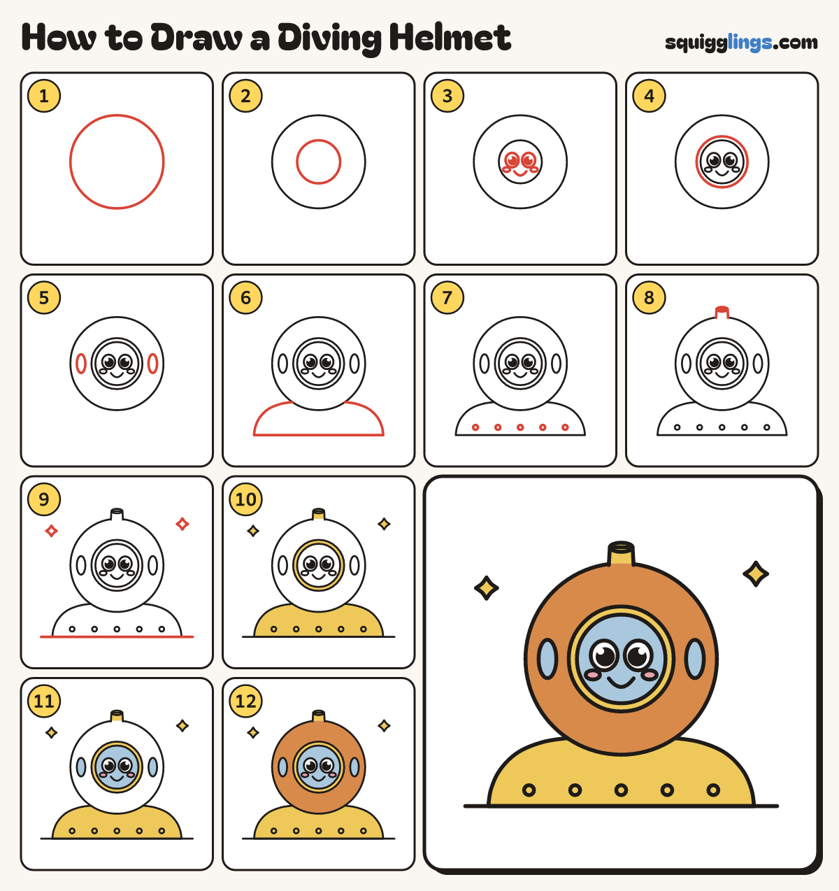 How to Draw a Diving Helmet step by step: all 12 steps in one picture
