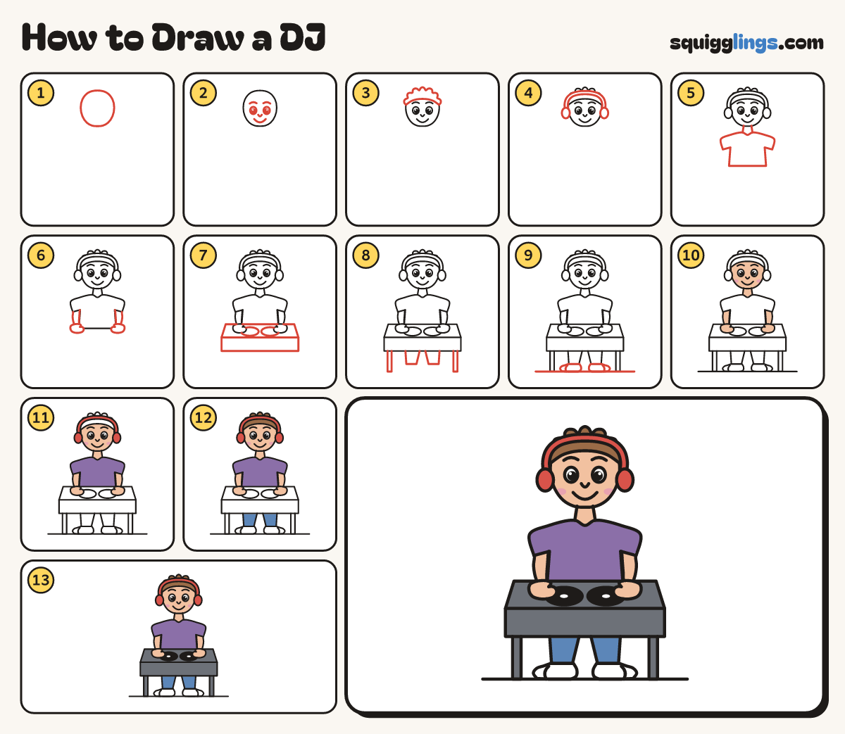 How to Draw a DJ step by step: all 13 steps in one picture