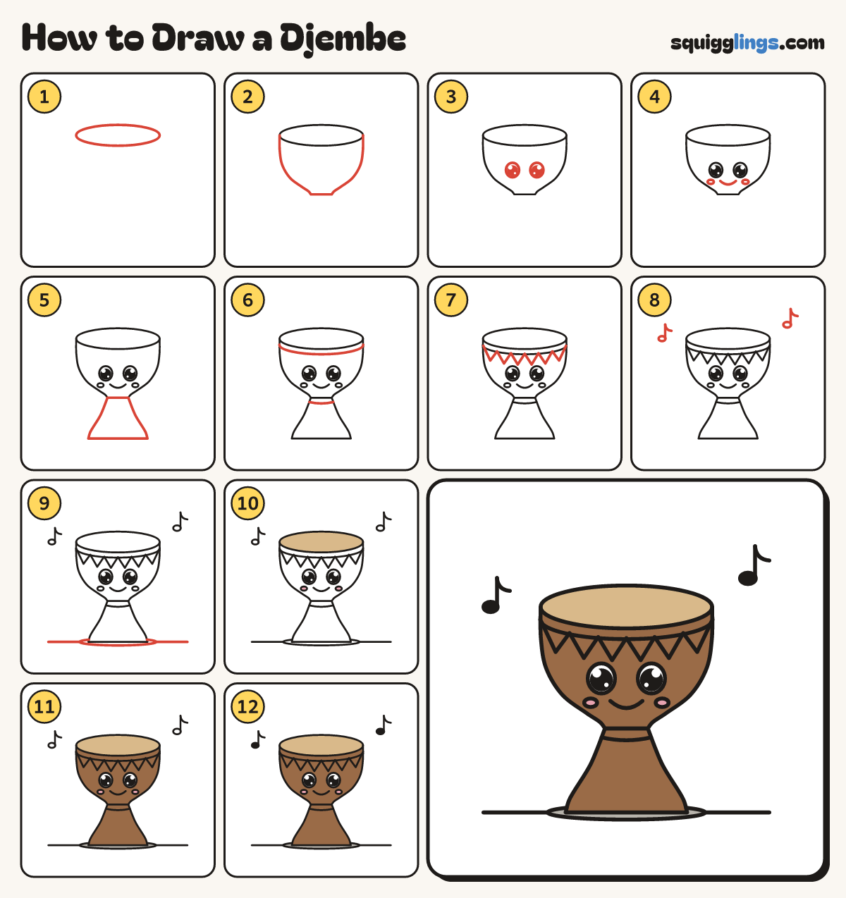How to Draw a Djembe step by step: all 12 steps in one picture