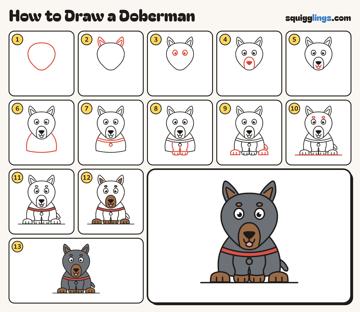 How to Draw a Doberman step by step: all 13 steps in one picture