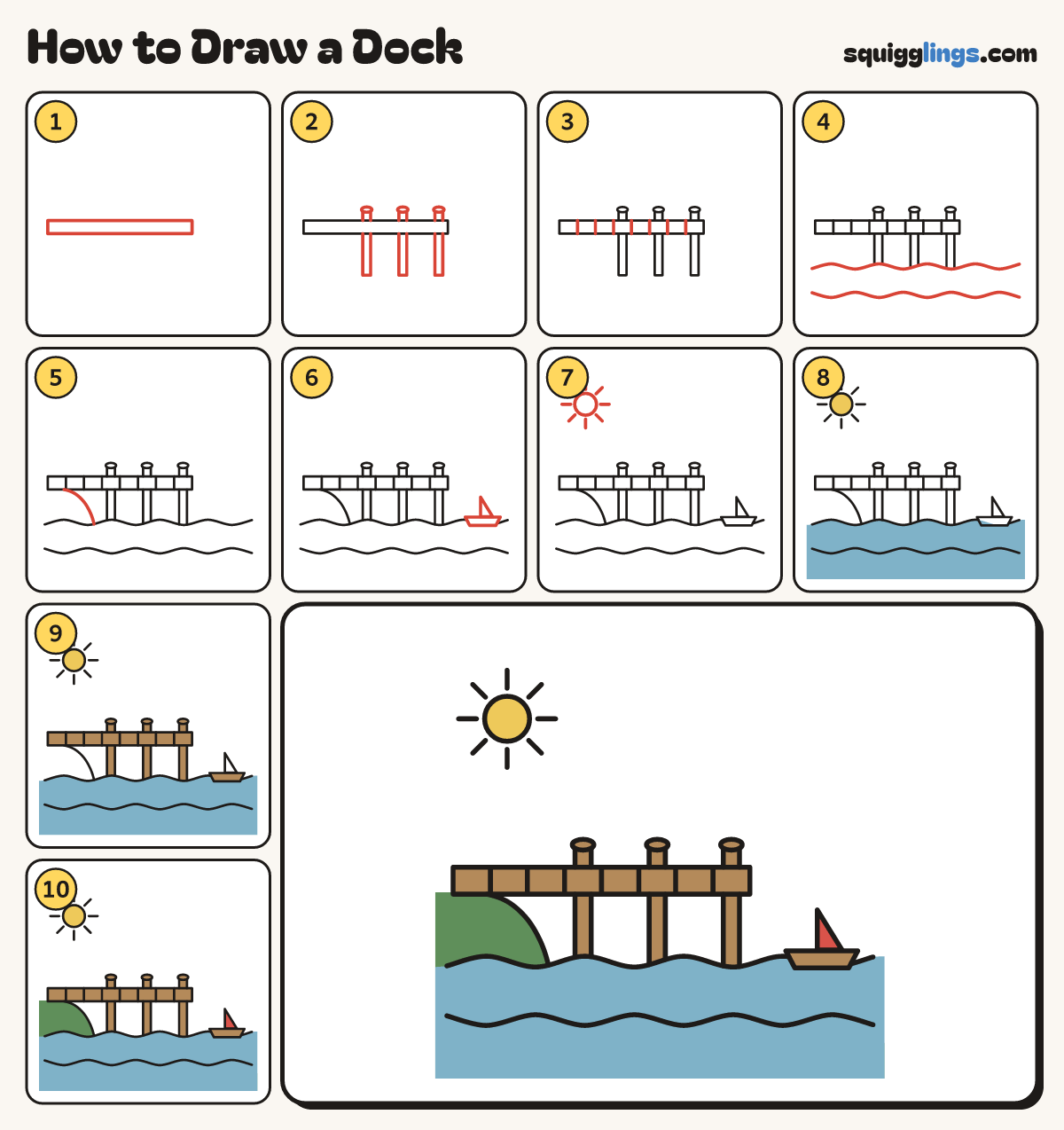 How to Draw a Dock step by step: all 10 steps in one picture