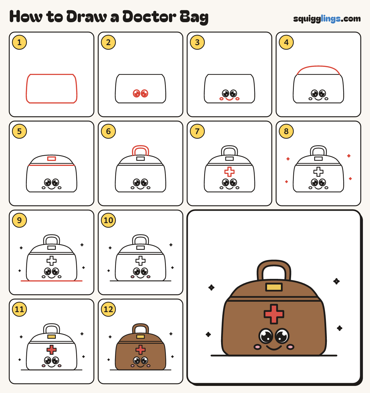 How to Draw a Doctor Bag step by step: all 12 steps in one picture