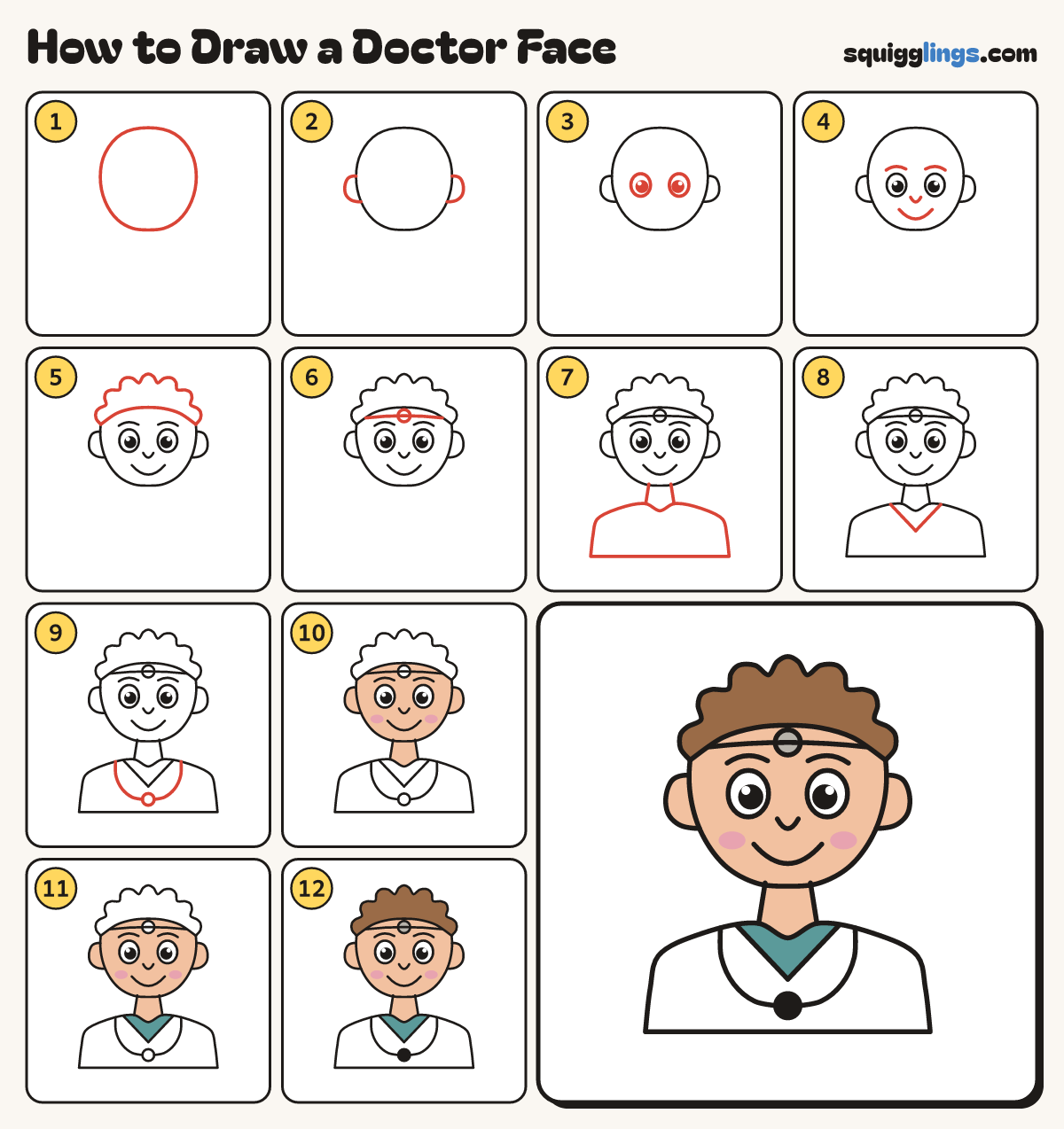 How to Draw a Doctor Face step by step: all 12 steps in one picture