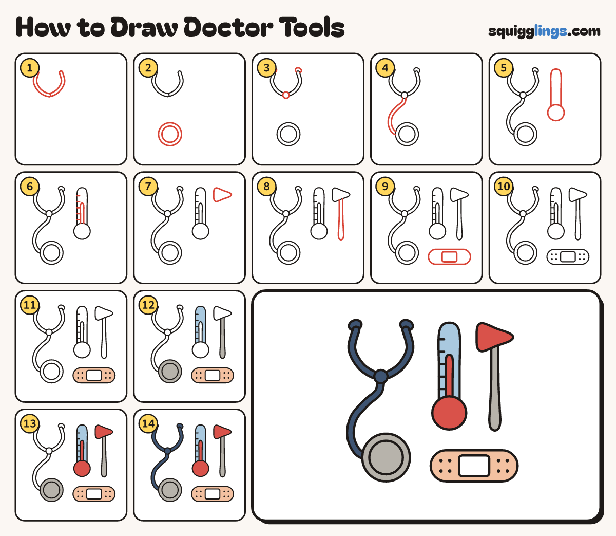 How to Draw Doctor Tools step by step: all 14 steps in one picture