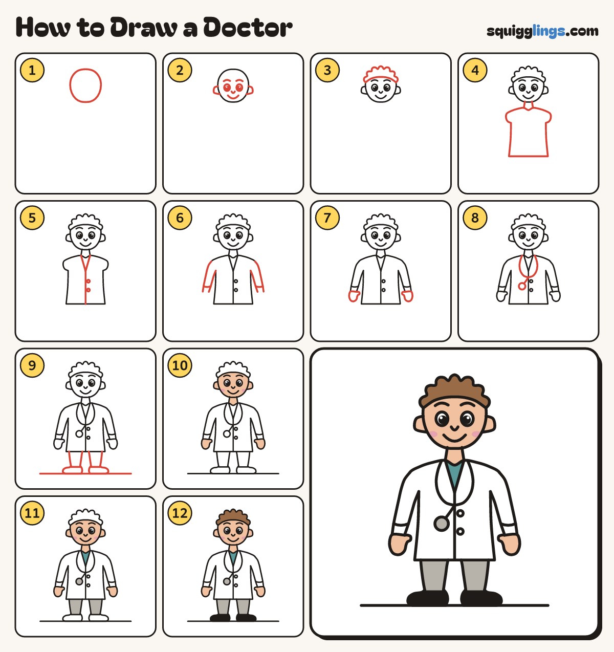 How to Draw a Doctor step by step: all 12 steps in one picture