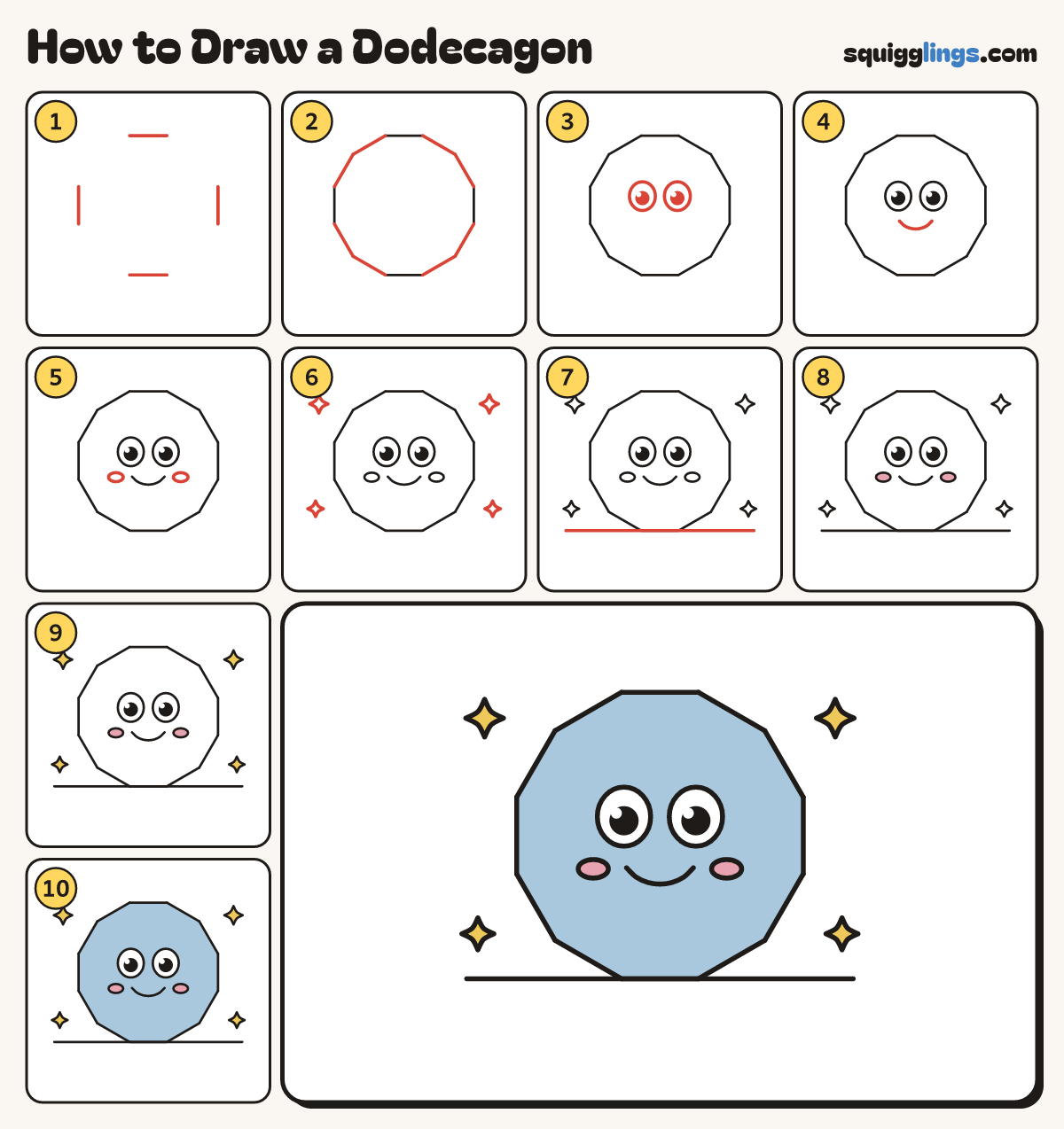 How to Draw a Dodecagon step by step: all 10 steps in one picture
