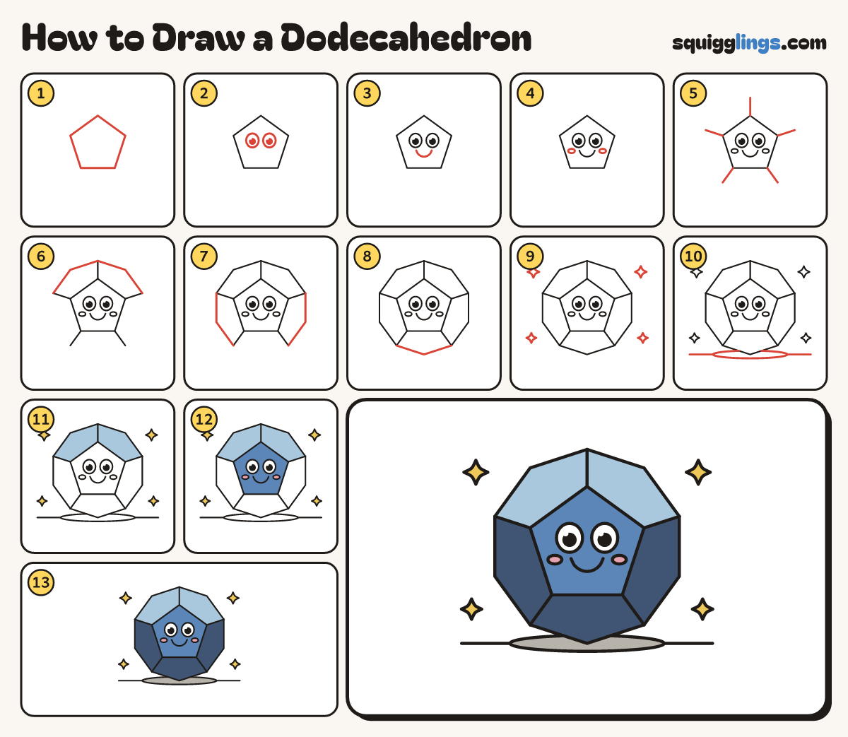 How to Draw a Dodecahedron step by step: all 13 steps in one picture