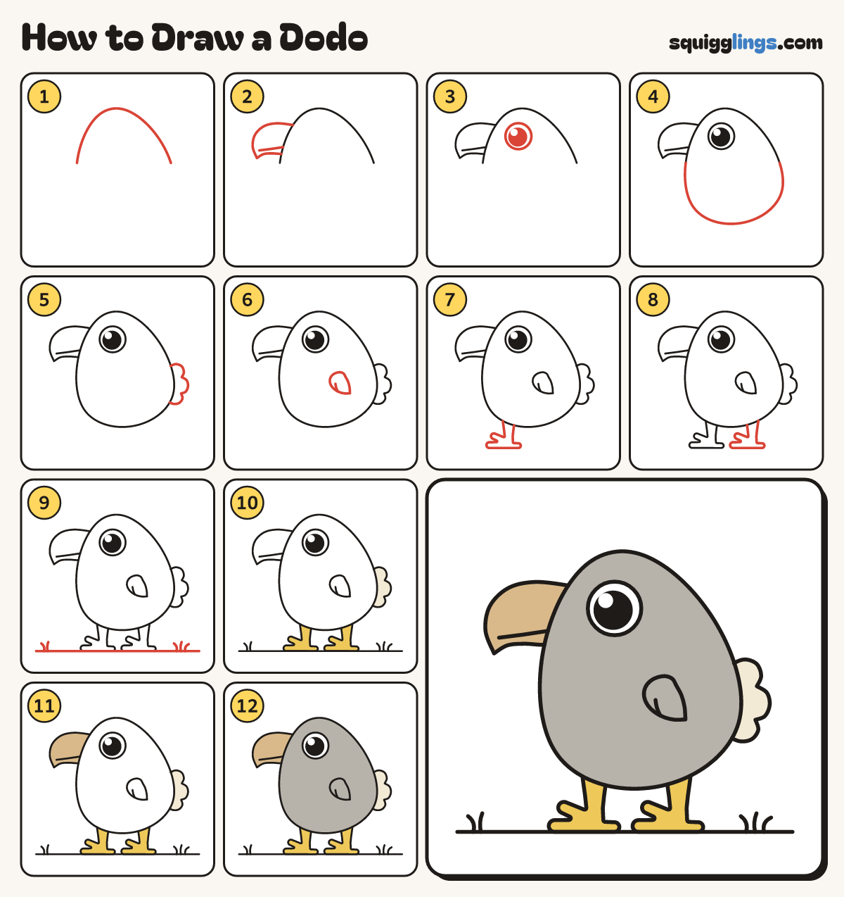 How to Draw a Dodo step by step: all 12 steps in one picture