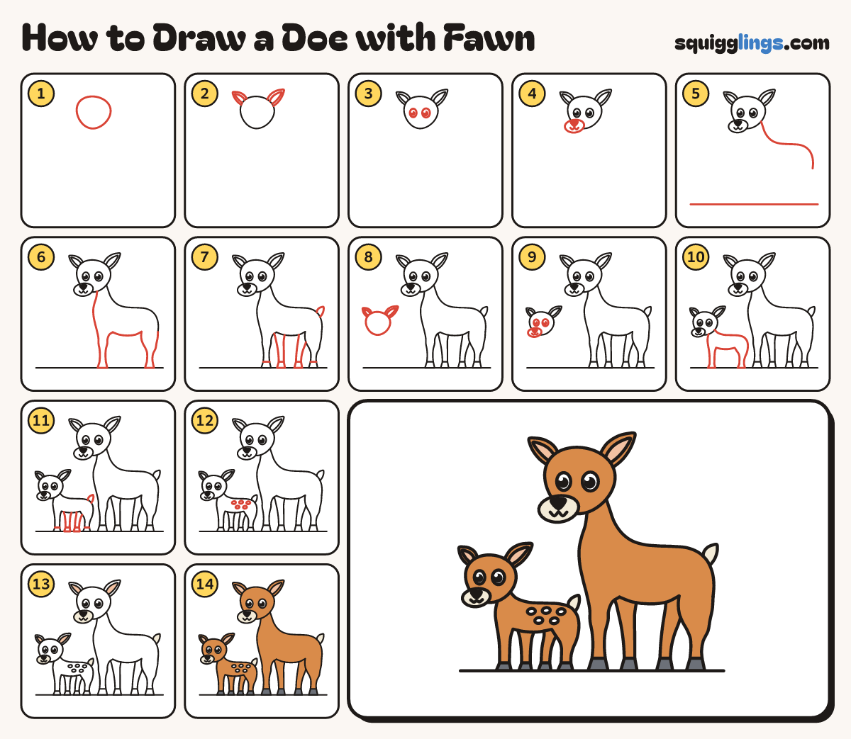 How to Draw a Doe with Fawn step by step: all 14 steps in one picture