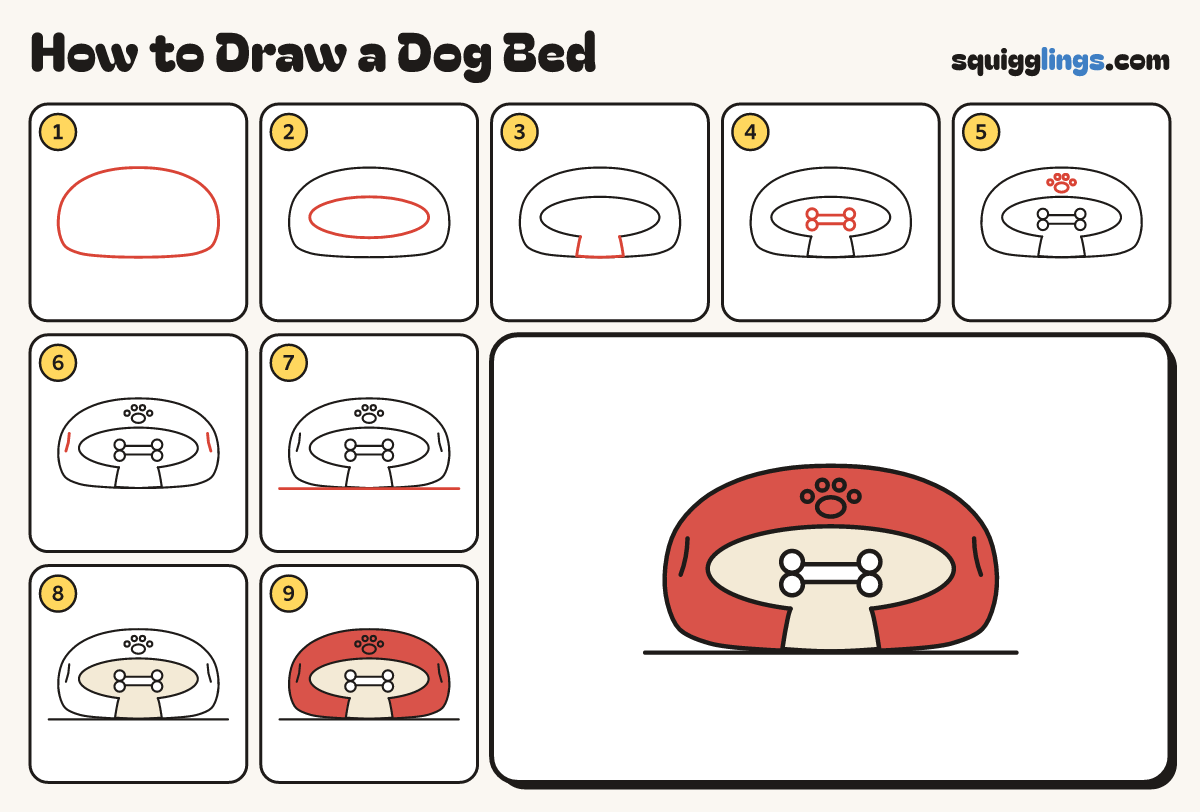 How to Draw a Dog Bed step by step: all 9 steps in one picture