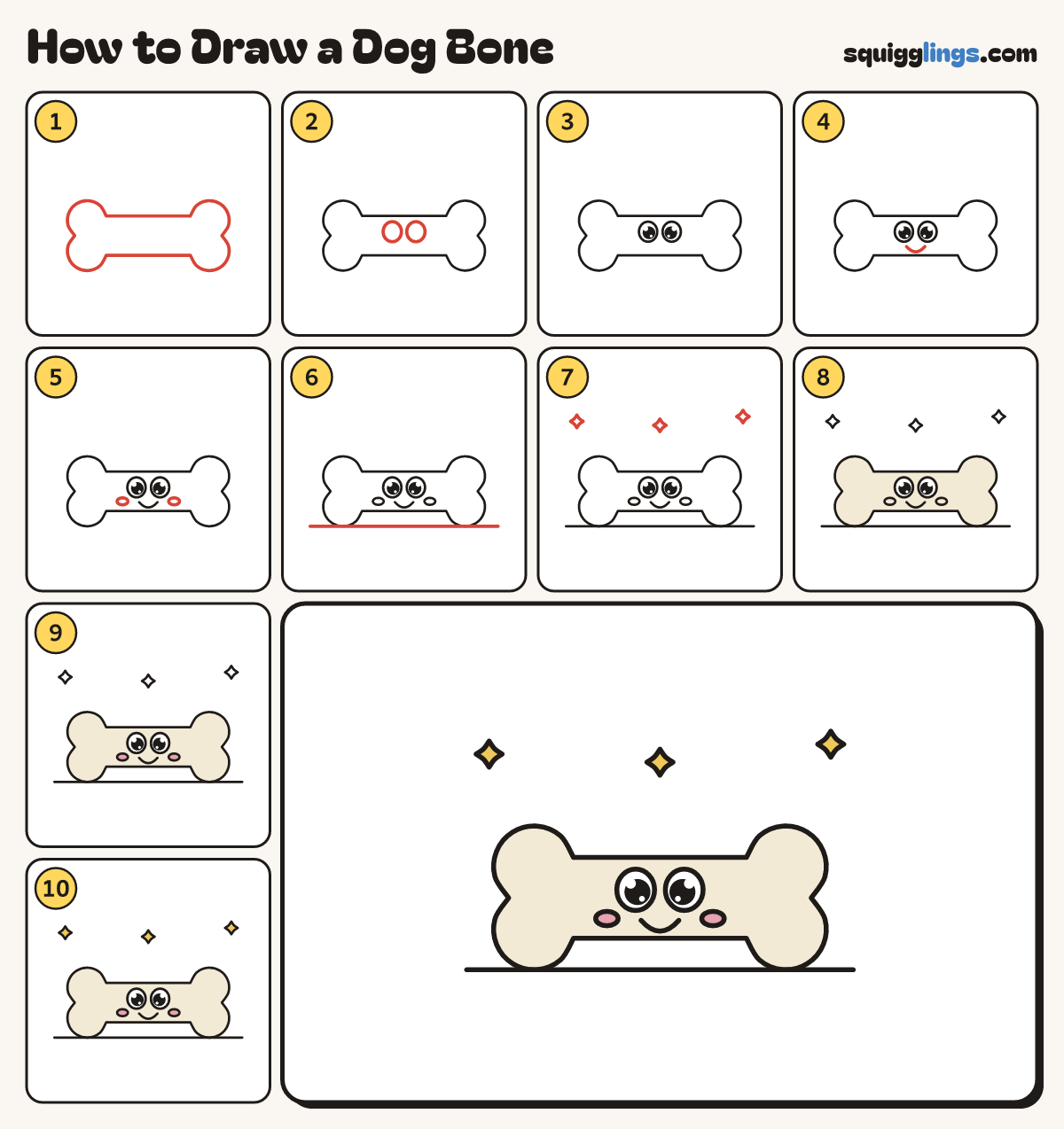 How to Draw a Dog Bone step by step: all 10 steps in one picture