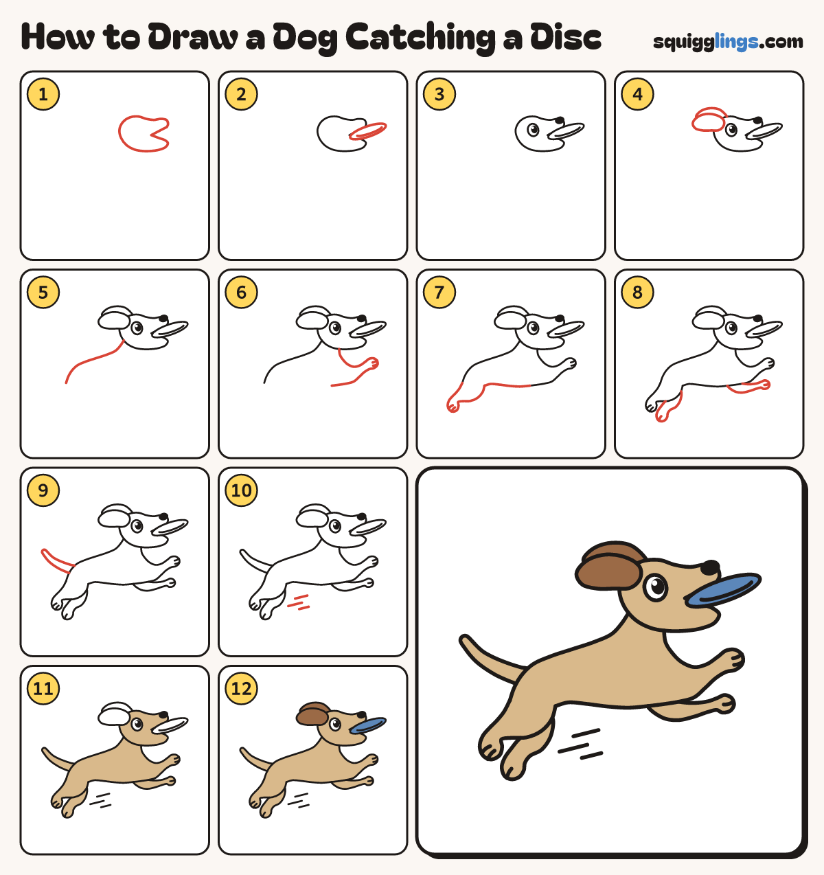 How to Draw a Dog Catching a Disc step by step: all 12 steps in one picture