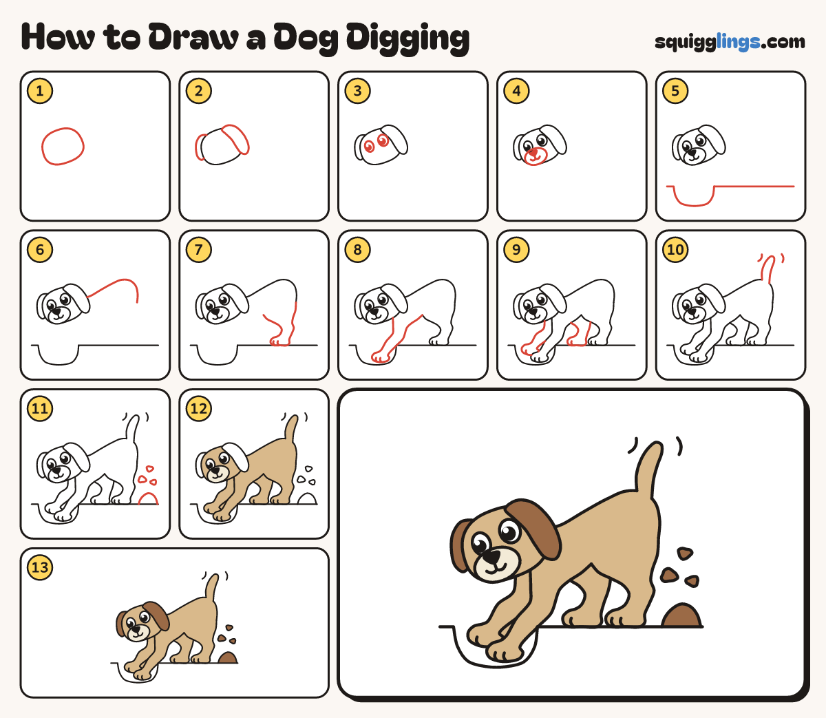 How to Draw a Dog Digging step by step: all 13 steps in one picture