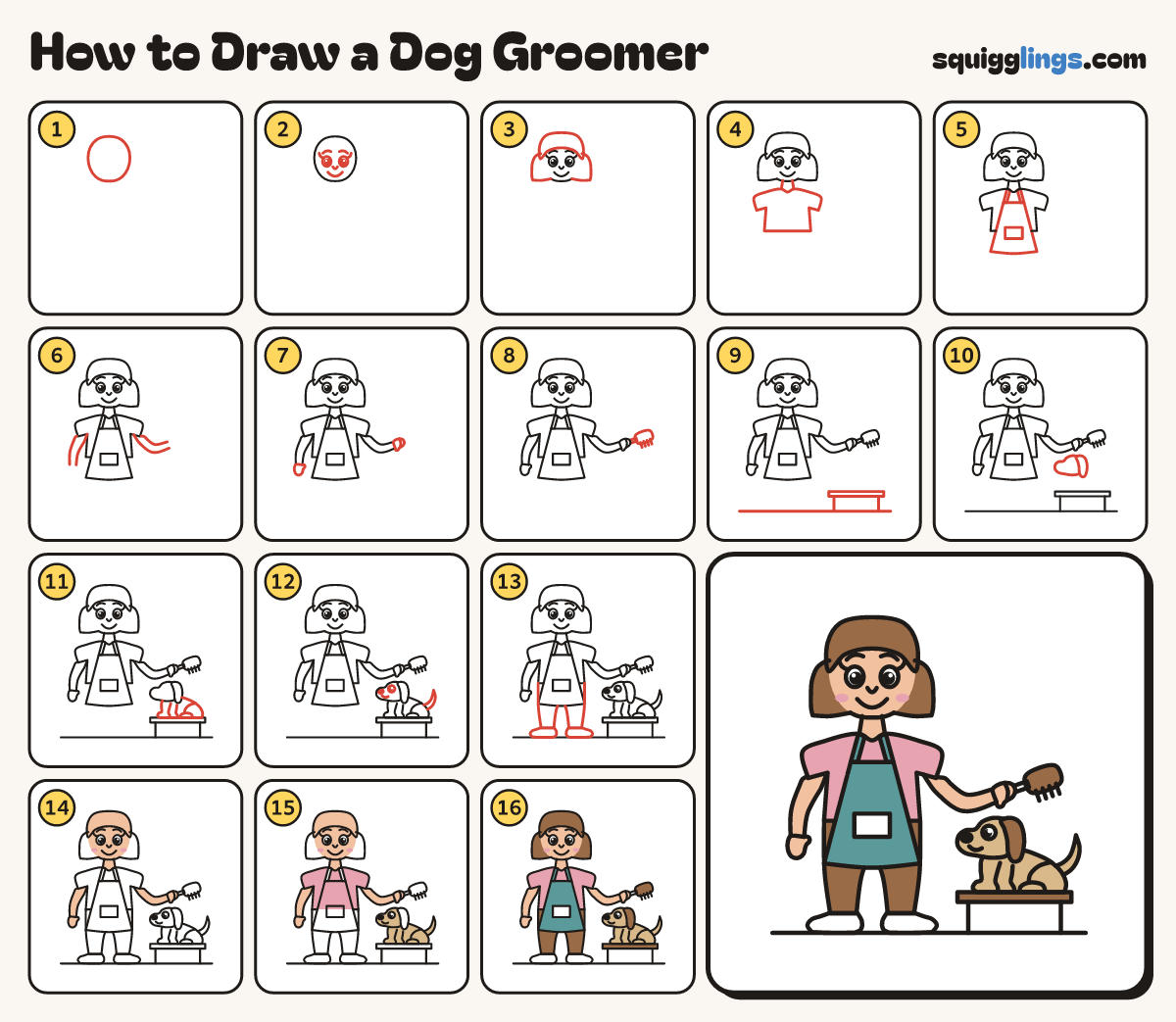 How to Draw a Dog Groomer step by step: all 16 steps in one picture