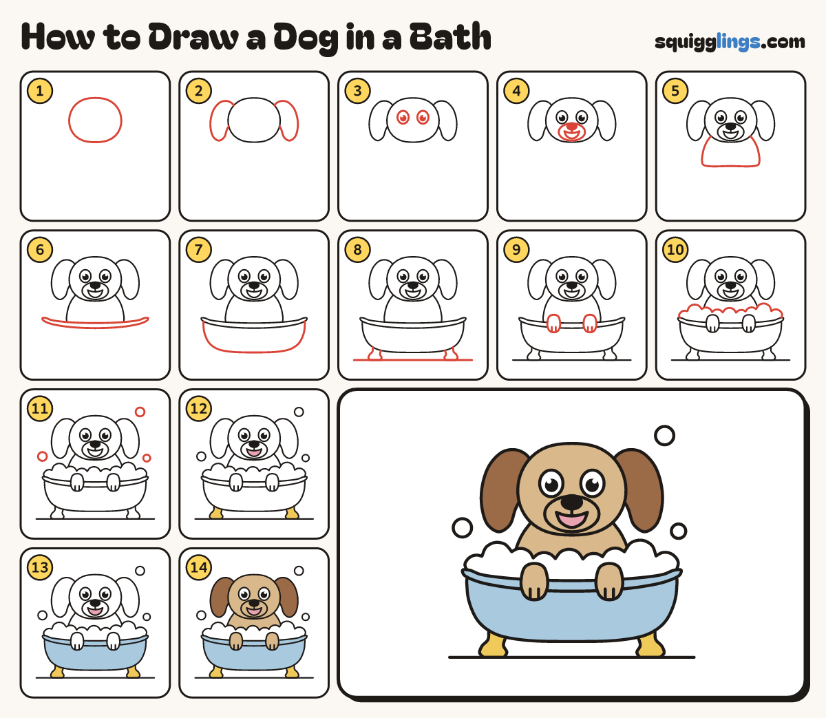 How to Draw a Dog in a Bath step by step: all 14 steps in one picture