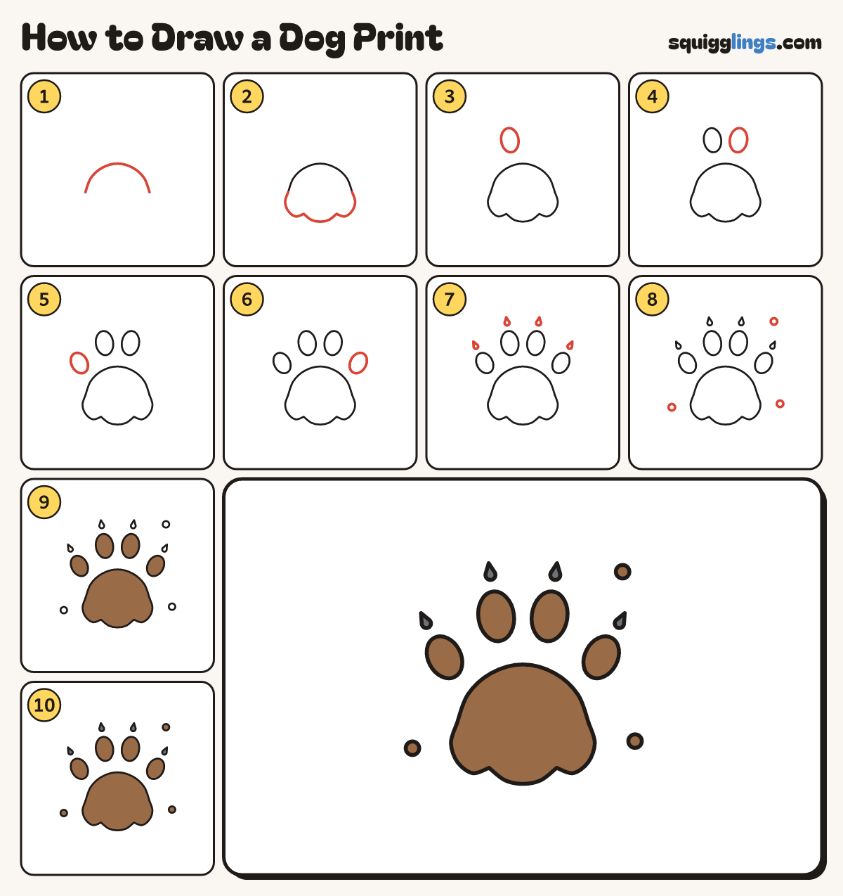 How to Draw a Dog Print step by step: all 10 steps in one picture