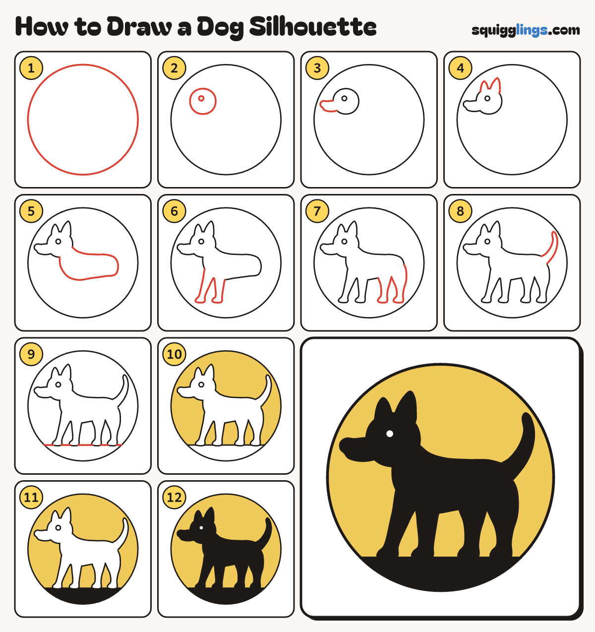 How to Draw a Dog Silhouette step by step: all 12 steps in one picture