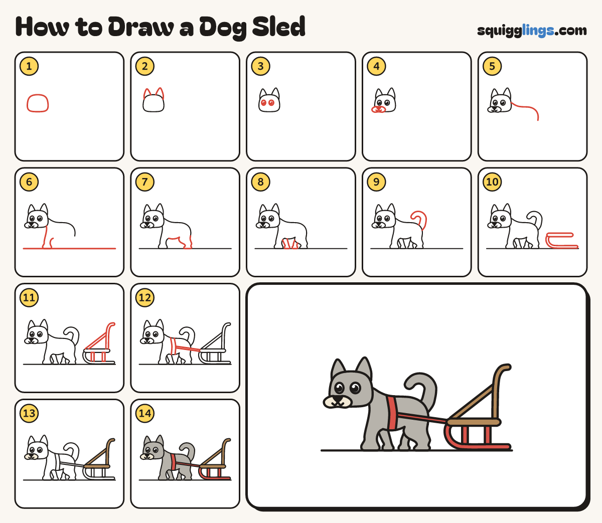 How to Draw a Dog Sled step by step: all 14 steps in one picture