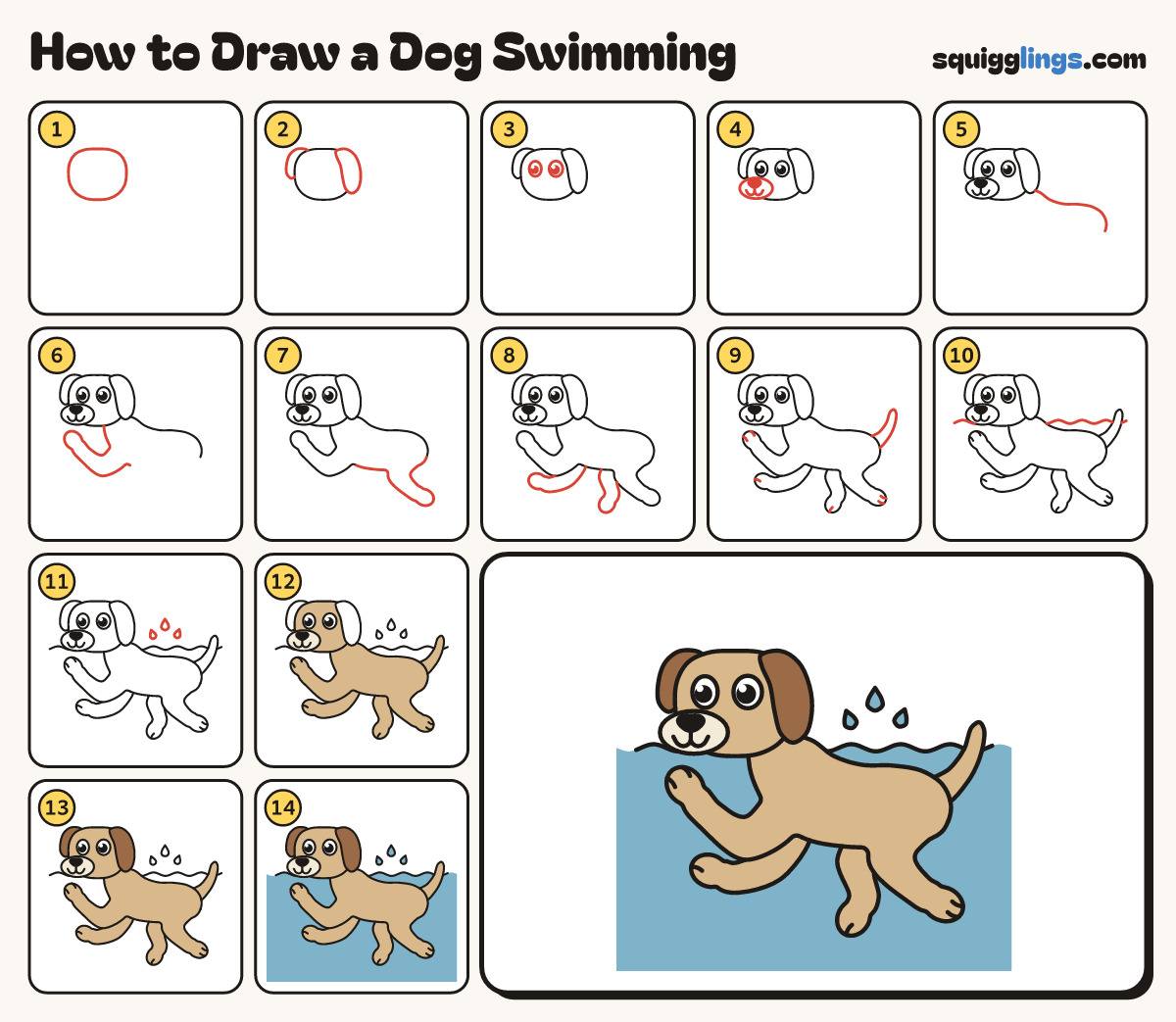 How to Draw a Dog Swimming step by step: all 14 steps in one picture