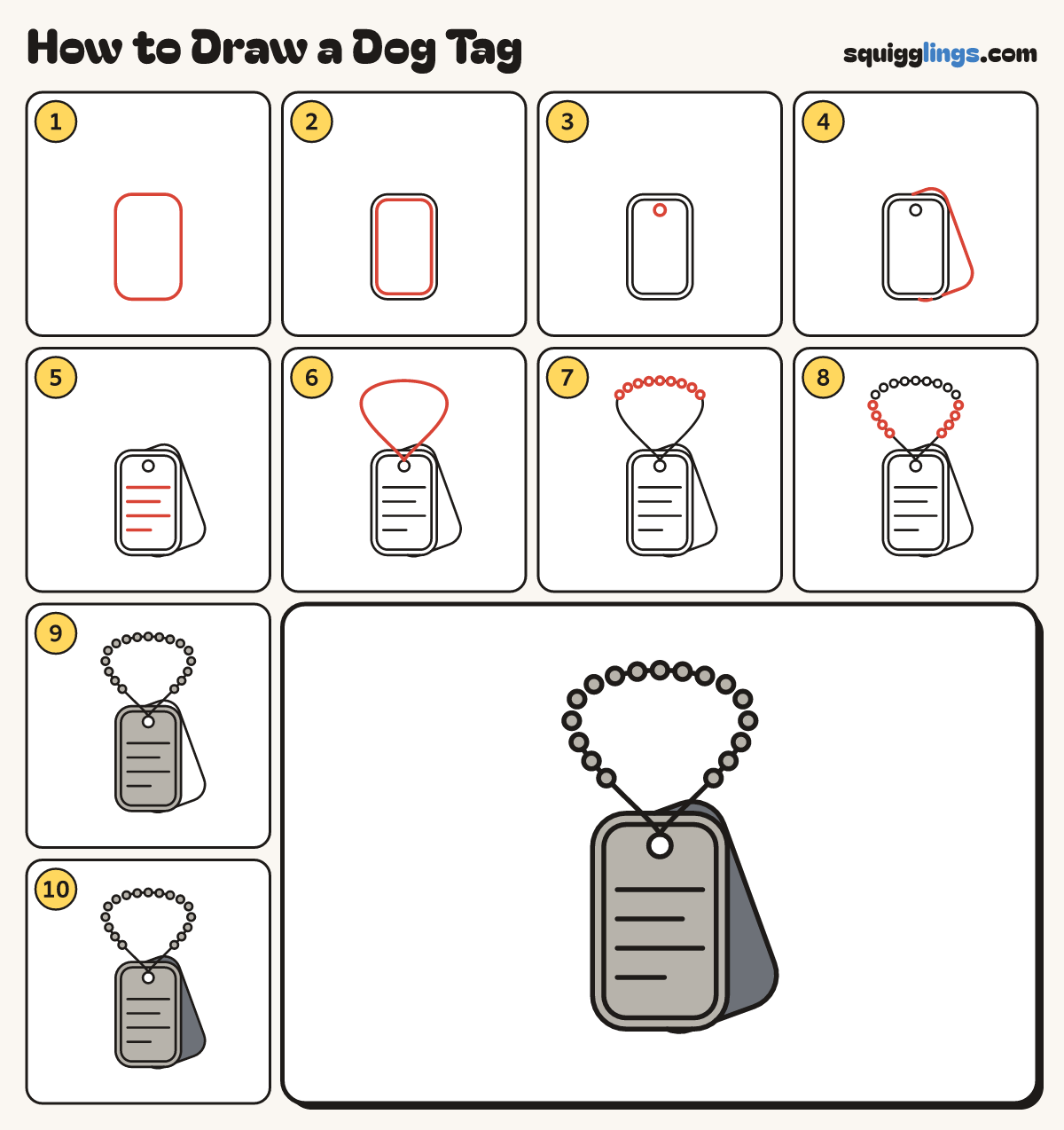 How to Draw a Dog Tag step by step: all 10 steps in one picture