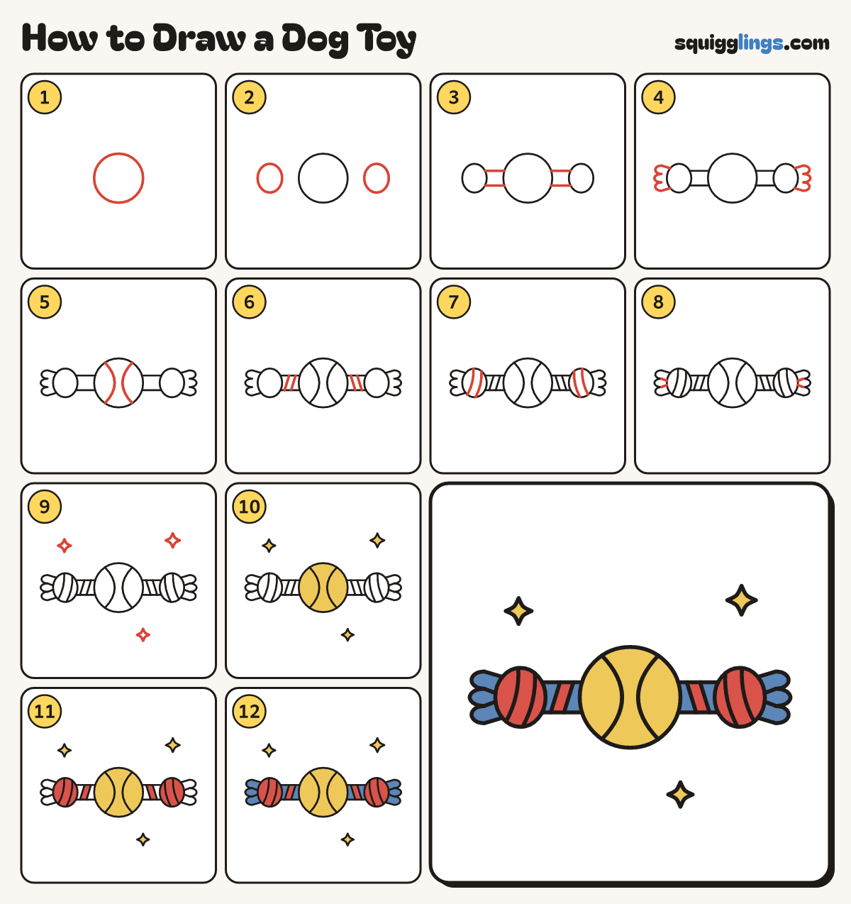How to Draw a Dog Toy step by step: all 12 steps in one picture