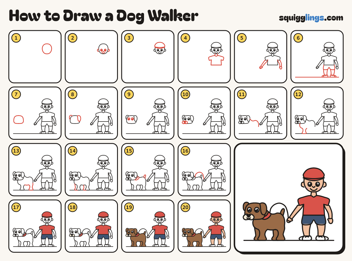 How to Draw a Dog Walker step by step: all 20 steps in one picture