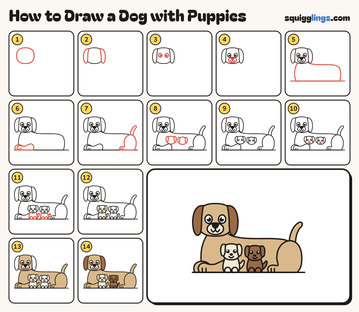 How to Draw a Dog with Puppies step by step: all 14 steps in one picture