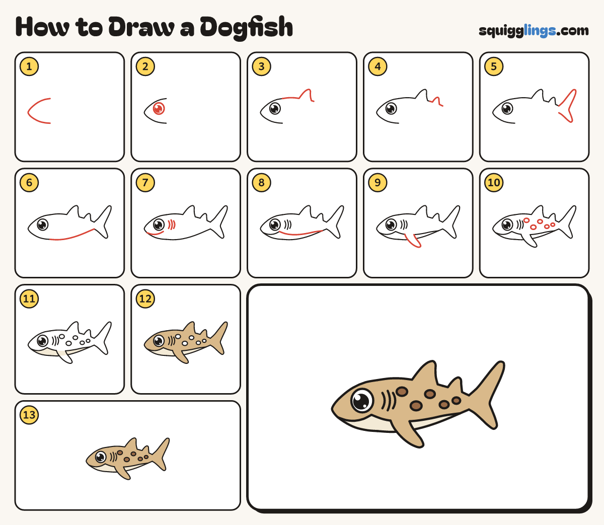 How to Draw a Dogfish step by step: all 13 steps in one picture