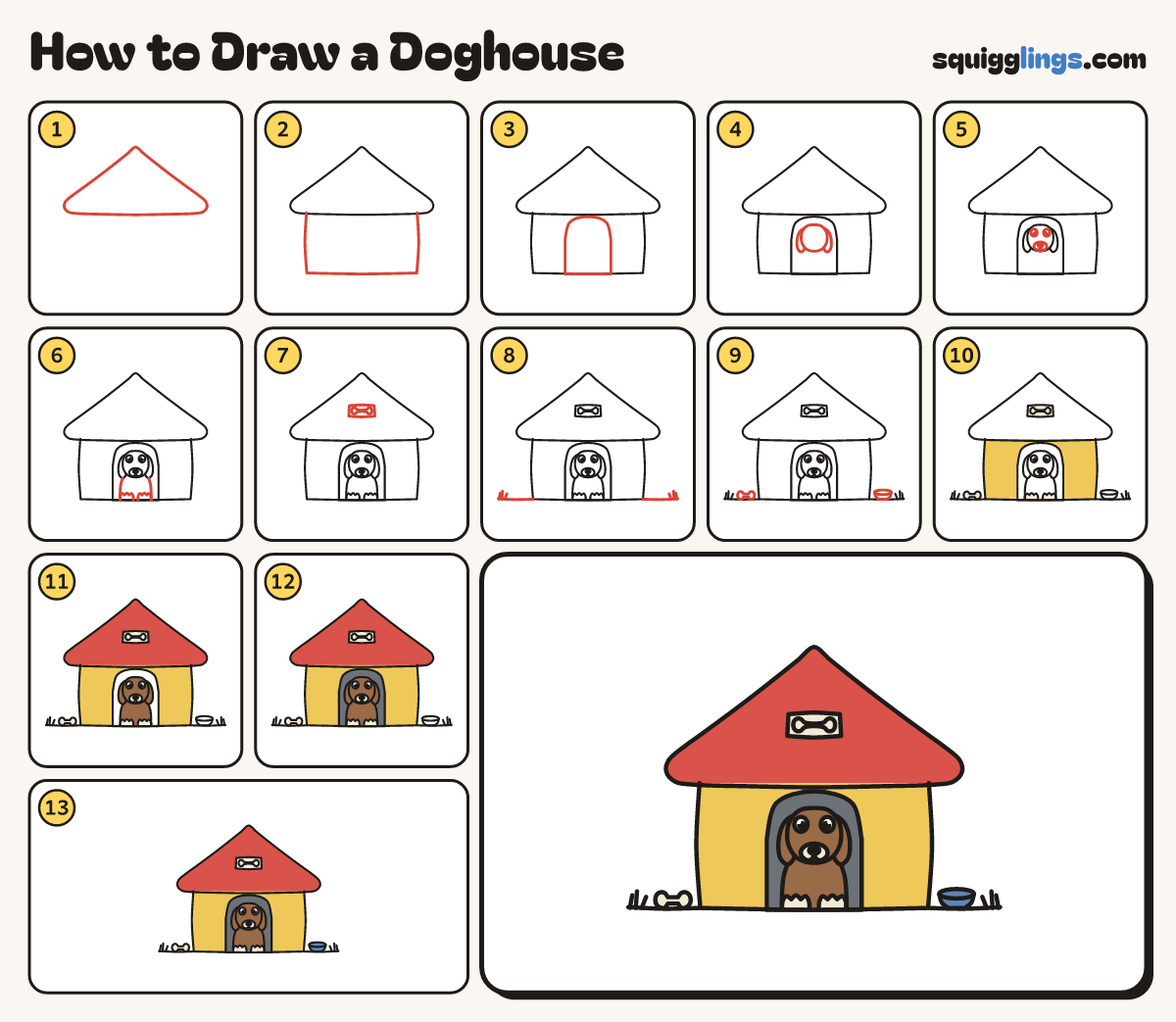 How to Draw a Doghouse step by step: all 13 steps in one picture
