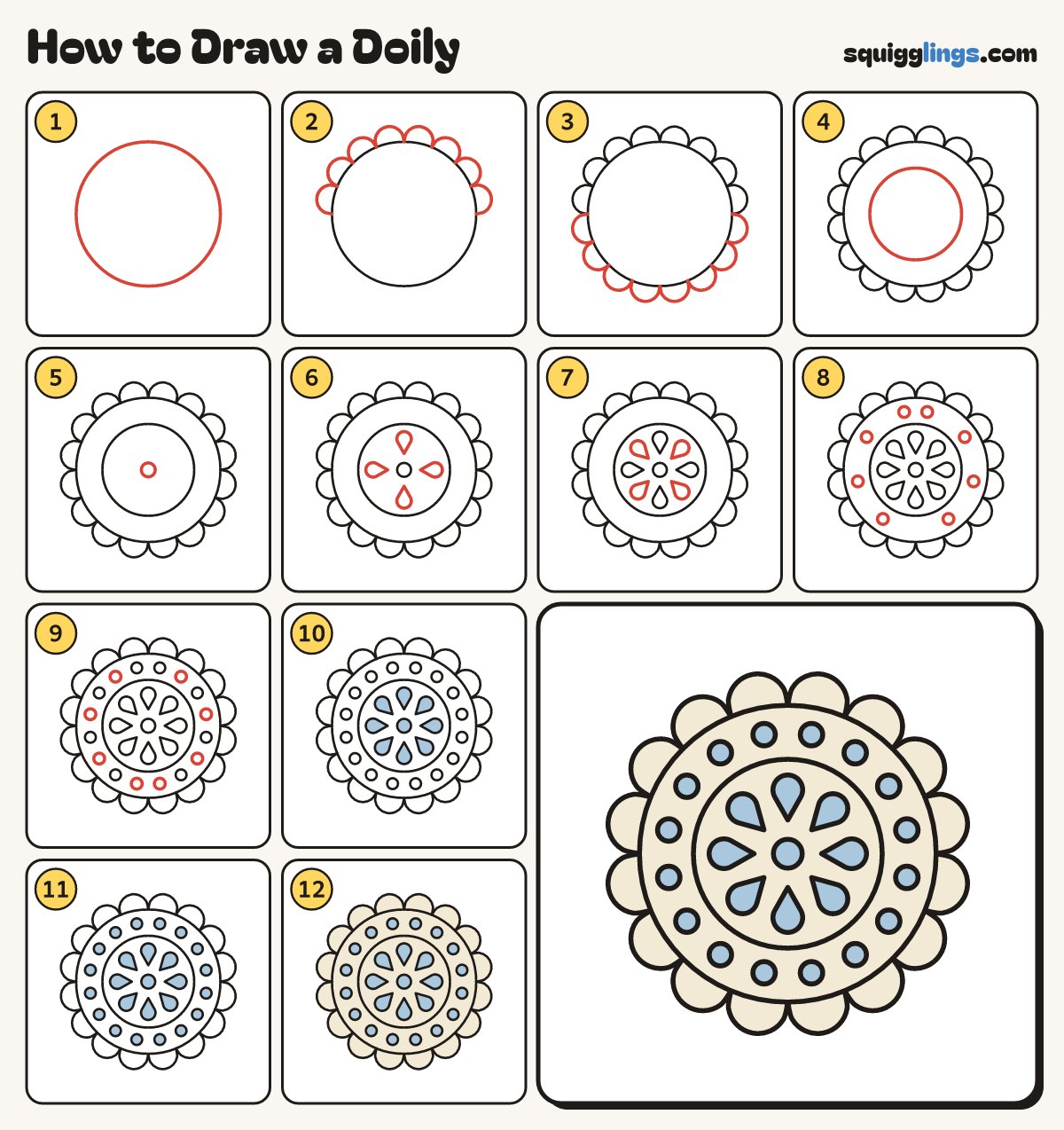 How to Draw a Doily step by step: all 12 steps in one picture