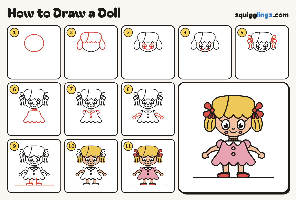 How to Draw a Doll step by step: all 11 steps in one picture