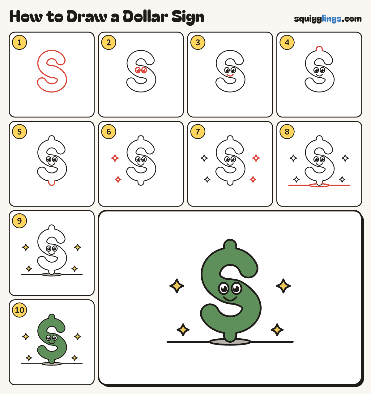 How to Draw a Dollar Sign step by step: all 10 steps in one picture