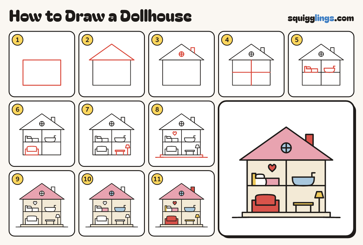 How to Draw a Dollhouse step by step: all 11 steps in one picture