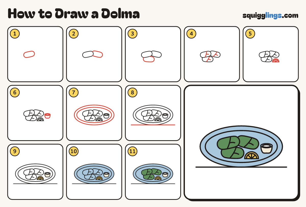 How to Draw a Dolma step by step: all 11 steps in one picture