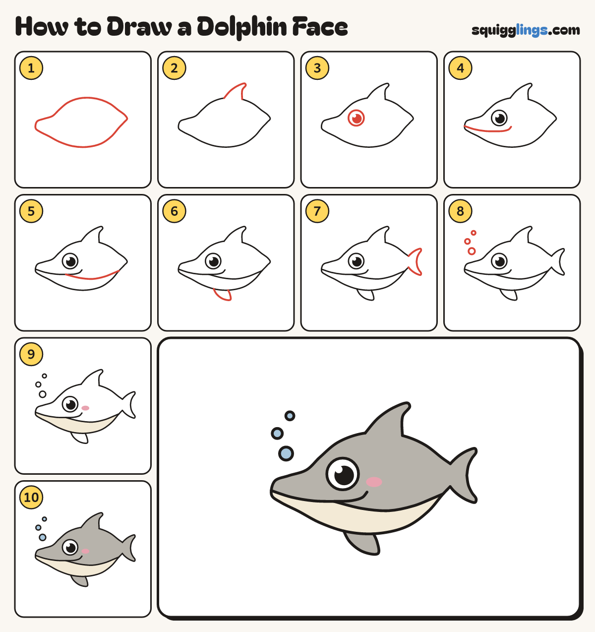 How to Draw a Dolphin Face step by step: all 10 steps in one picture