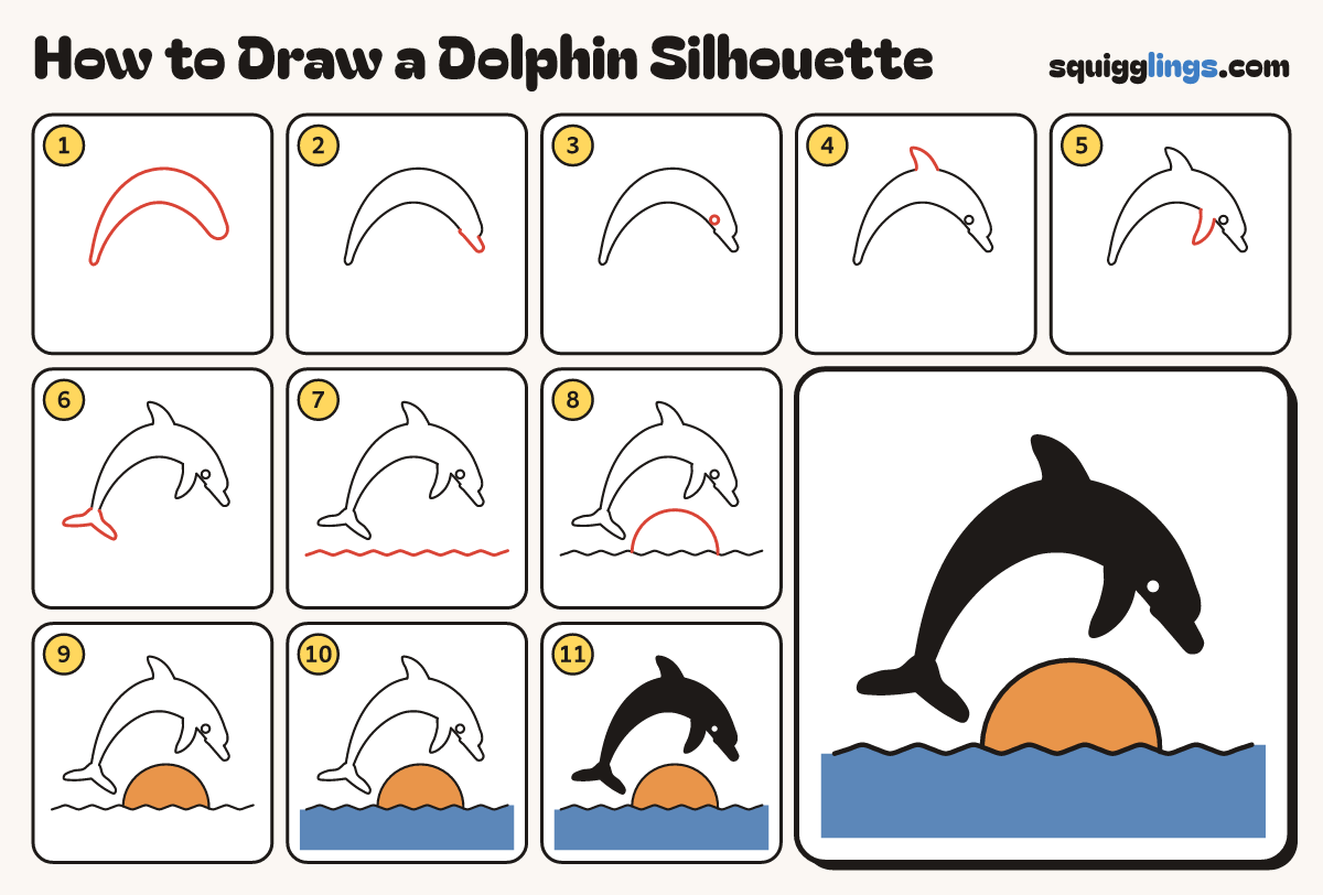 How to Draw a Dolphin Silhouette step by step: all 11 steps in one picture