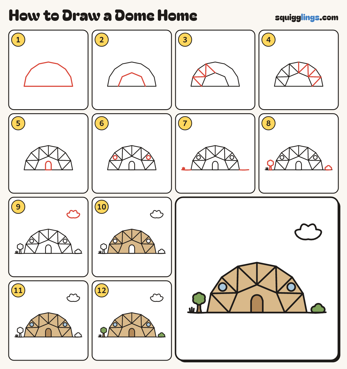 How to Draw a Dome Home step by step: all 12 steps in one picture