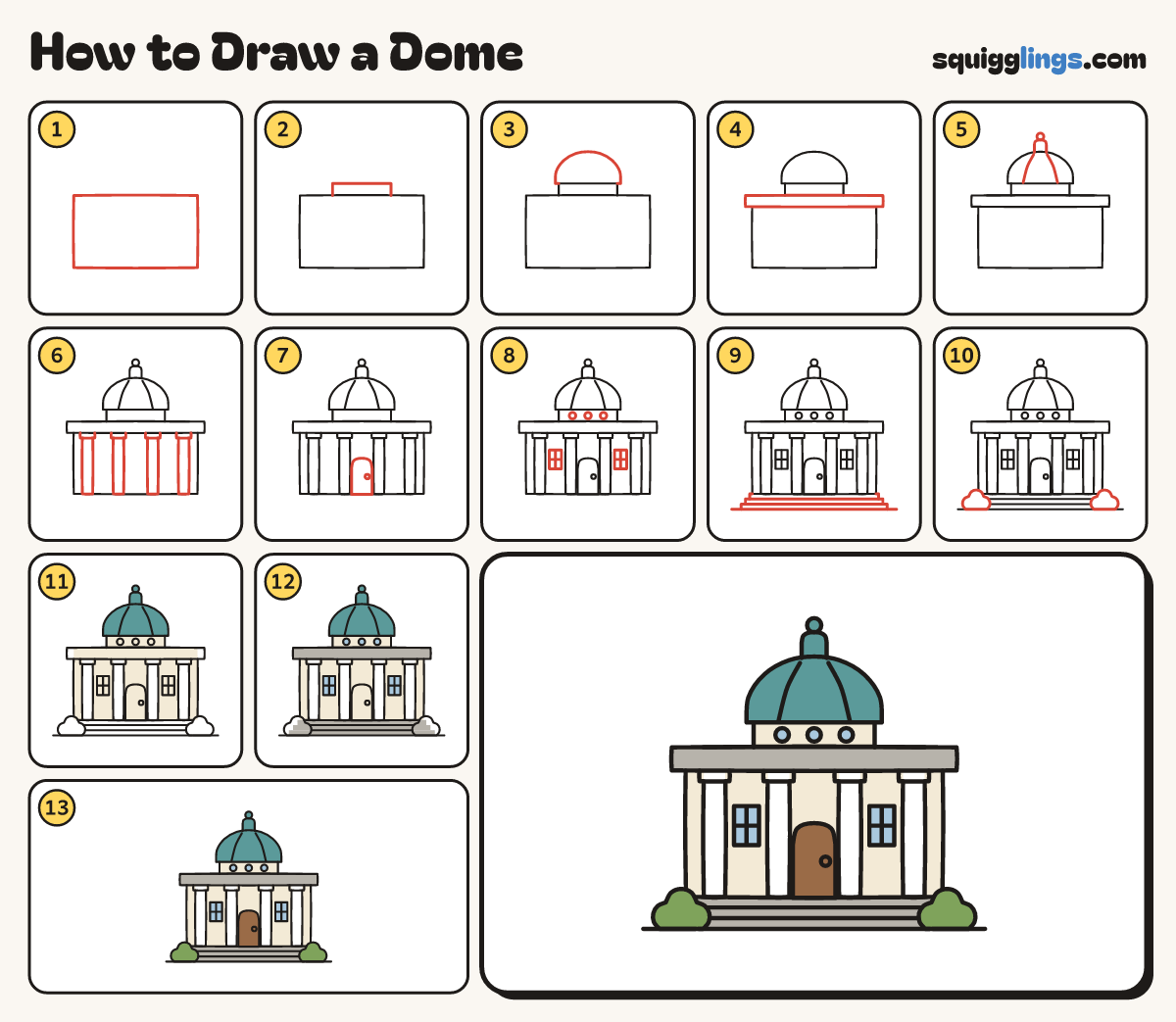 How to Draw a Dome step by step: all 13 steps in one picture
