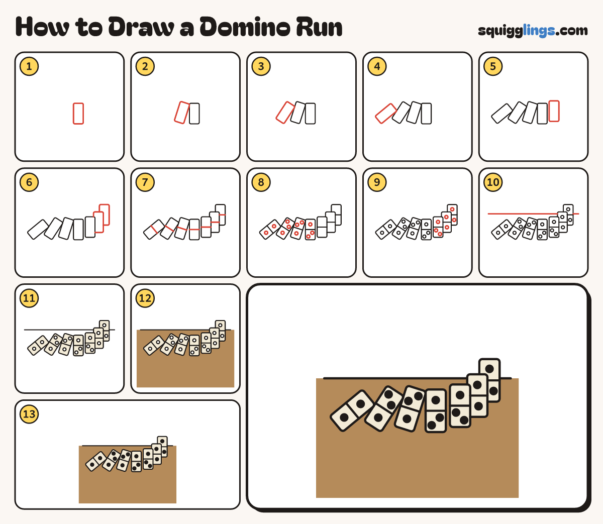 How to Draw a Domino Run step by step: all 13 steps in one picture